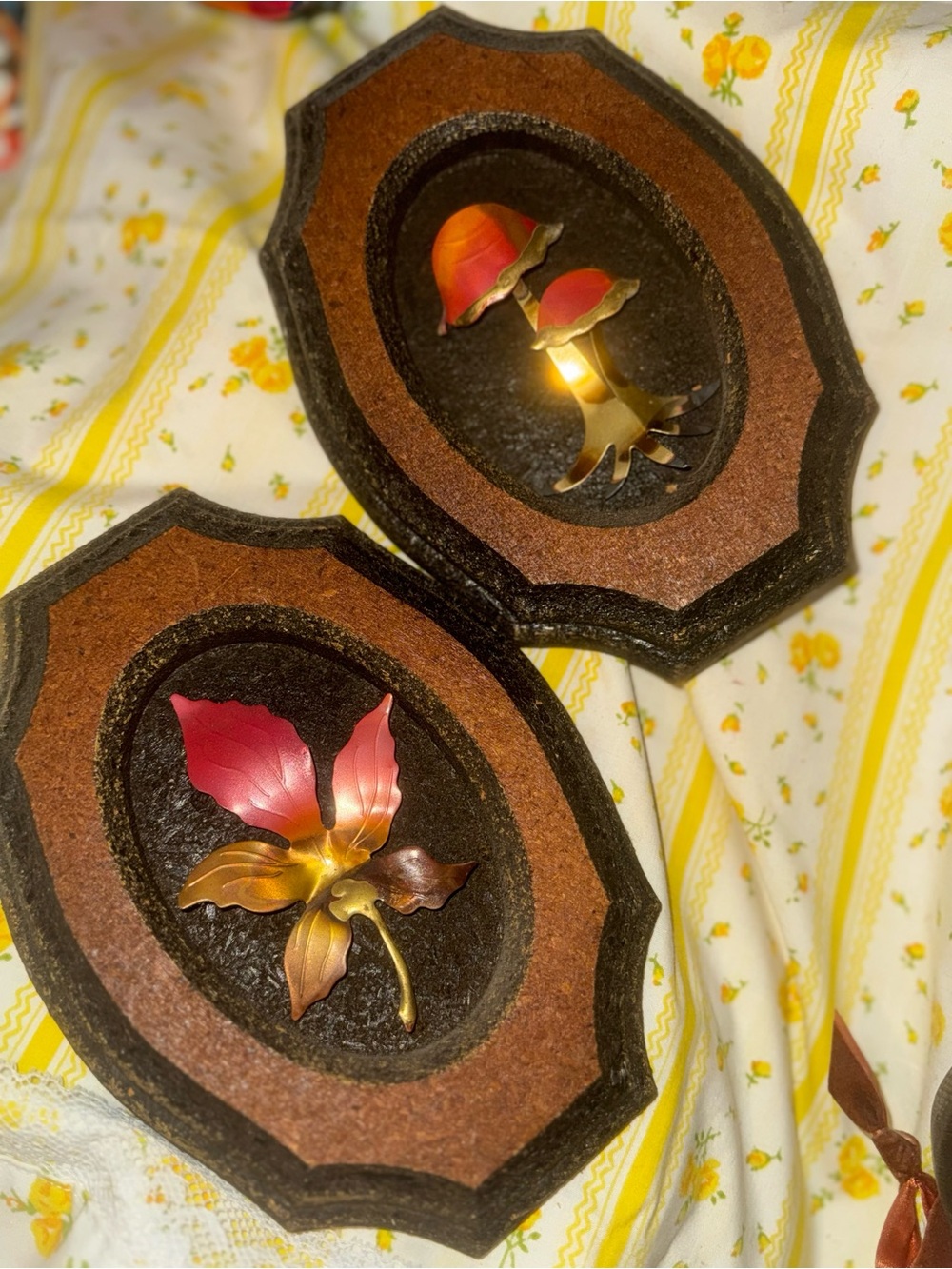 Groovy vintage mushroom and leaf brass and copper wall plaques
